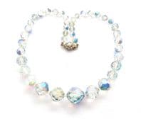 Vintage Aurora Borealis Crystal Beaded Short Length Necklace With Ornate Rhinestone Detailed Floral