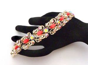 Vintage Aurora Borealis Rhinestone And Lucite Abstract Modernist Design Panel Bracelet