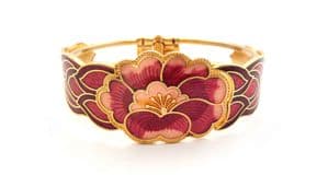 Vintage Bangle Cloisonne Enamel Hinged Red  Flower Bracelet