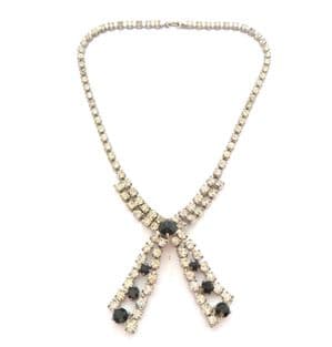 Vintage Black And Clear Rhinestone Set Monochrome Statement Design Double Drop Choker Necklace