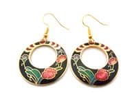 Vintage Black Cloisonne Enamel Floral Design Circular Drop Earrings