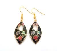 Vintage Black Cloisonne Enamel Floral Drop Design Earrings