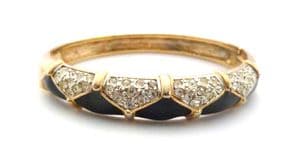 Vintage  Black Enamel And Rhinestone Set Hinged Retro Design Bangle