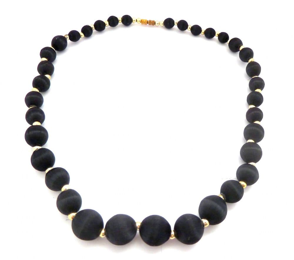 Vintage Black Fabric Covered Beaded Short Length Necklace