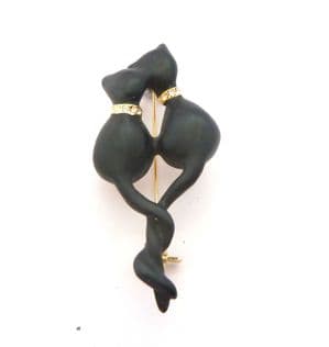 Vintage Black Matt Enamel And Rhinestone Detailed Cats Sitting Together Design Brooch