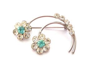 Vintage Blue And Clear Rhinestone Curving Floral Pair Of Flowers Design Brooch