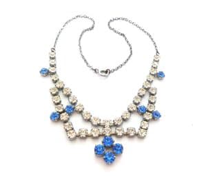 Vintage Blue And Clear Rhinestone Set Abstract Geometric Swag Drop Statement Design Choker Necklace