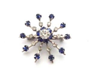 Vintage Blue And Clear Rhinestone Set Atomic Age Snowflake Or Floral Style Brooch