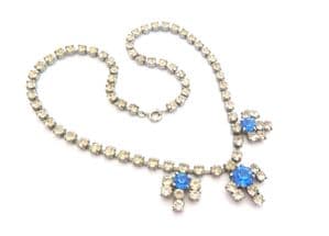 Vintage Blue And Clear Rhinestone Set Triple Drop Geometric Design Choker Necklace