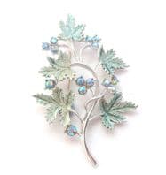 Vintage Blue Aurora Borealis Rhinestone And Enamel Leaf Design Brooch