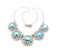 Vintage Blue Aurora Borealis Rhinestone Set Ornate Panel Design Retro Choker Necklace