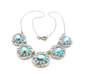 Vintage Blue Aurora Borealis Rhinestone Set Ornate Panel Design Retro Choker Necklace