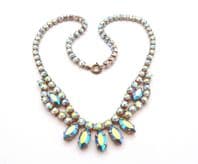 Vintage Blue Aurora Borealis Rhinestone Set Small Marquise Drop And Swag Design Choker Necklace
