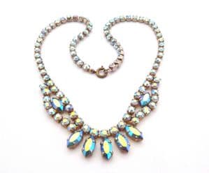 Vintage Blue Aurora Borealis Rhinestone Set Small Marquise Drop And Swag Design Choker Necklace
