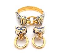 Vintage Blue Enamel And Rhinestone Set Big Cat Striped Tiger Design Bangle And Clip On Earring  Set