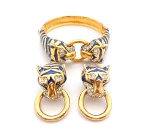 Vintage Blue Enamel And Rhinestone Set Big Cat Striped Tiger Design Bangle And Clip On Earring  Set