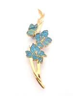 Vintage Blue Flower And Butterfly Design Cloisonne Enamel Brooch Attributed to Fish And Crown