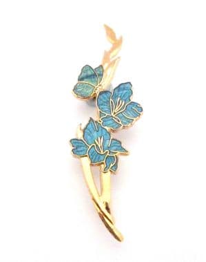 Vintage Blue Flower And Butterfly Design Cloisonne Enamel Brooch Attributed to Fish And Crown