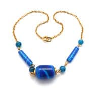 Vintage Blue Glass Bead Detailed Retro Design Choker Necklace