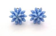 Vintage Blue Plastic Raised Floral Design Clip On Earrings
