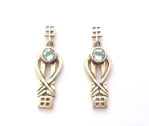 Vintage Blue Topaz Gemstone Set Sterling Silver Rennie Mackintosh Style Geometric Design Drop Earrin