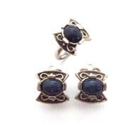 Vintage Celtic Scottish Style Faux Blue Gem Set Clip On Earrings And Adjustable Ring Jewellery Set