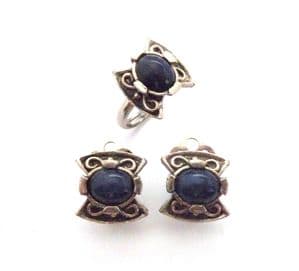 Vintage Celtic Scottish Style Faux Blue Gem Set Clip On Earrings And Adjustable Ring Jewellery Set