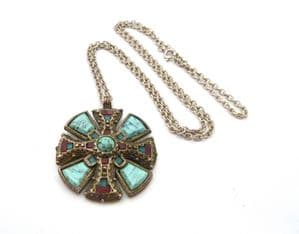 Vintage Celtic St Cuthberts Cross Design Faux Turquoise Set Necklace By Miracle