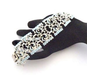 Vintage Chunky Blue Cold Painted Enamel Abstract Design Panel Bracelet By Jewelcraft