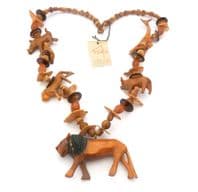 Vintage Chunky Hand Crafted Wooden Bead Safari Animal Design Long Length Necklace By Treska