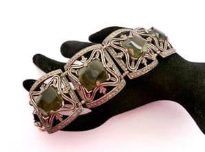 Vintage Chunky Miracle Green Glass Set Ornate Scottish Celtic Design Adjustable Length Bracelet