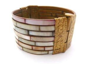 Vintage Chunky Mother Of Pearl And Brass Retro Boho Design Bangle