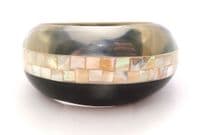 Vintage Chunky Mother Of Pearl Black And Clear Lucite Retro Design Bangle