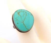 Vintage Chunky Turquoise And Sterling Silver Boho Style Ring