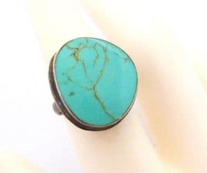 Vintage Chunky Turquoise And Sterling Silver Boho Style Ring