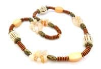 Vintage Chunky Wood, Quartz And Glass Beaded Boho Asymmetric Statement  Design Matinee Necklace