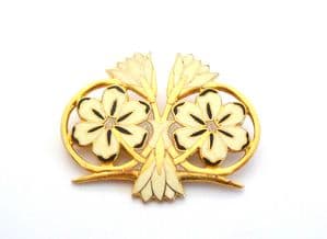 Vintage Cloisonne Enamel Art Nouveau Revival Style Floral Design Brooch By Fish And Crown