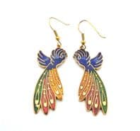 Vintage Cloisonne Enamel Bird Design Drop Earrings