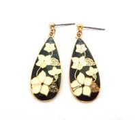 Vintage Cloisonne Enamel Black And White Floral Drop Design Earrings By Fish And Crown