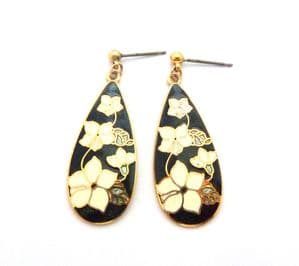 Vintage Cloisonne Enamel Black And White Floral Drop Design Earrings By Fish And Crown