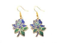 Vintage Cloisonne Enamel Blue Rose Flower Design Floral Drop Earrings
