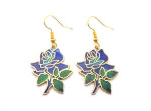 Vintage Cloisonne Enamel Blue Rose Flower Design Floral Drop Earrings