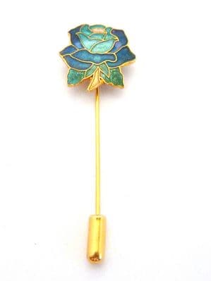 Vintage Cloisonne Enamel Blue Rose Flower Design Stick Pin