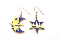 Vintage Cloisonne Enamel Blue Star And Moon Bird And Tree Detailed Drop Design Earrings