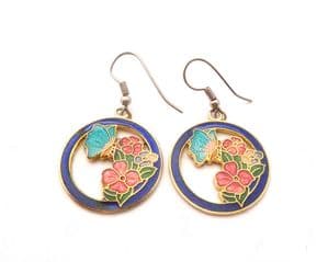 Vintage Cloisonne Enamel Butterfly And Flower Drop Design Earrings