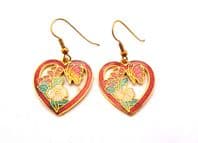 Vintage Cloisonne Enamel Butterfly And Flower Heart Shaped Drop Design Earrings