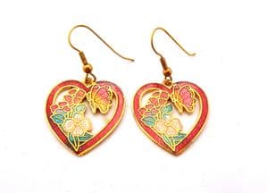 Vintage Cloisonne Enamel Butterfly And Flower Heart Shaped Drop Design Earrings