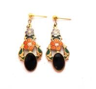 Vintage Cloisonne Enamel Floral Drop Design Earrings