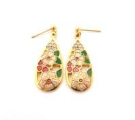 Vintage Cloisonne Enamel Floral Teardrop Drop Design Earrings By Sea Gems