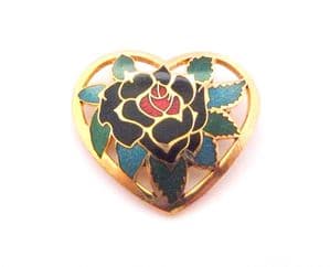 Vintage Cloisonne Enamel Heart Shaped Floral Detailed Brooch
